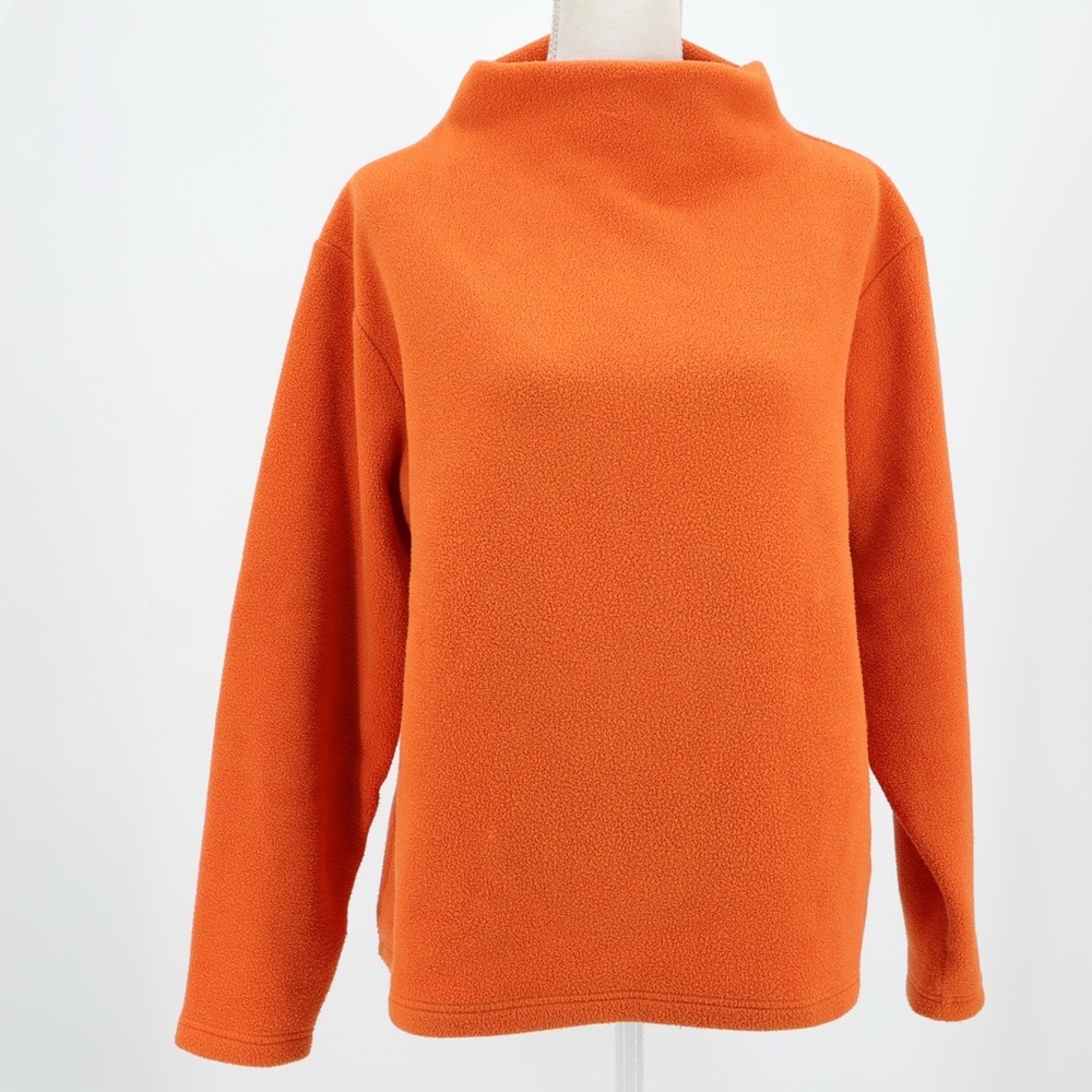 LL Bean Womens Plus 1X Orange Boxy Fleece Mock Neck Pullover Long Sleeve Fall
